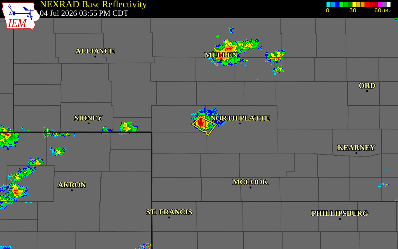 Radar snapshot during the Jul 4, 2026 hail event near 1 WSW Paxton, Keith County, Nebraska, with NWS warning polygons