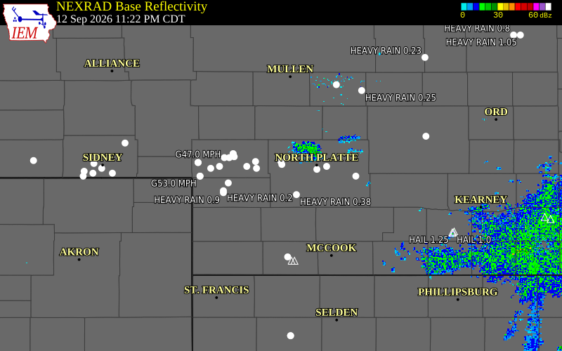 Current NEXRAD radar over Keith County, Nebraska with recent storm report locations