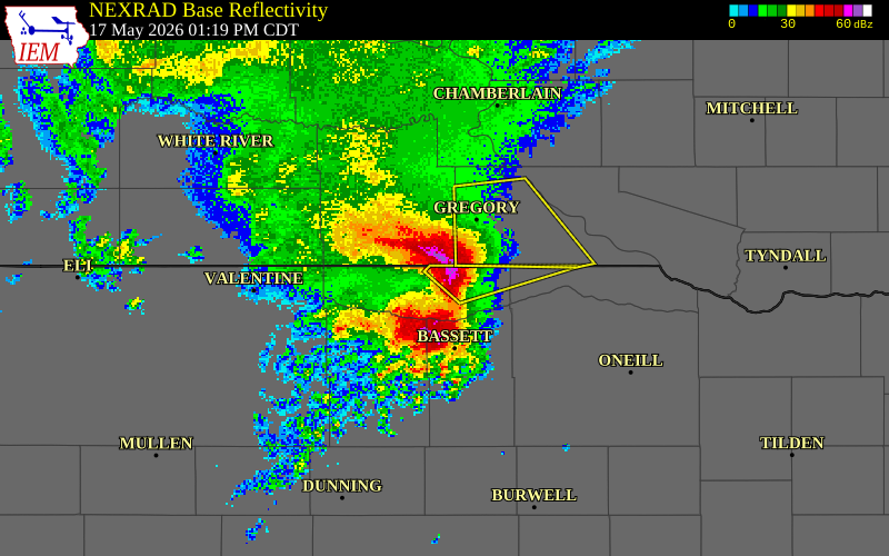 NEXRAD radar during the Sunday, May 17, 2026 storm activity in Keya Paha County, Nebraska