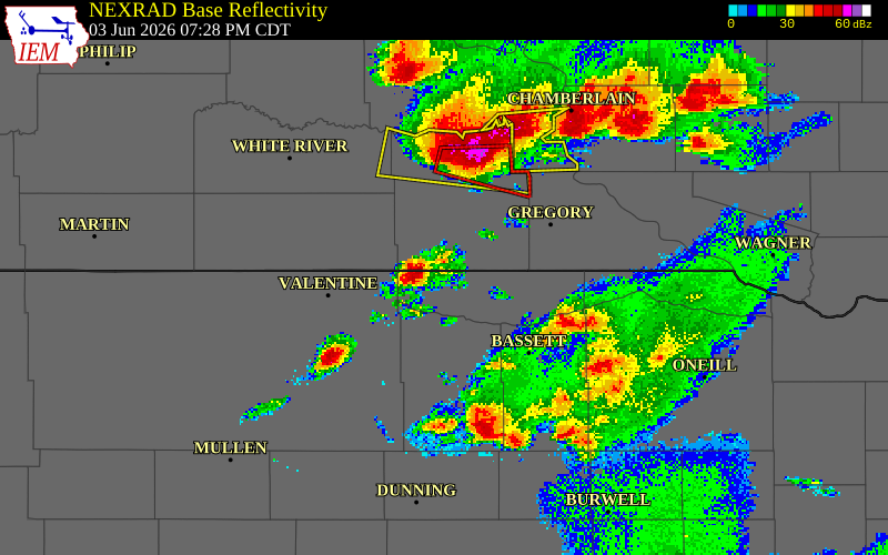 NEXRAD radar during the Wednesday, June 3, 2026 storm activity in Keya Paha County, Nebraska