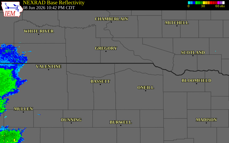 NEXRAD radar during the Monday, June 8, 2026 storm activity in Keya Paha County, Nebraska