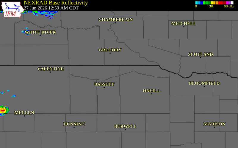 NEXRAD radar during the Saturday, June 27, 2026 storm activity in Keya Paha County, Nebraska
