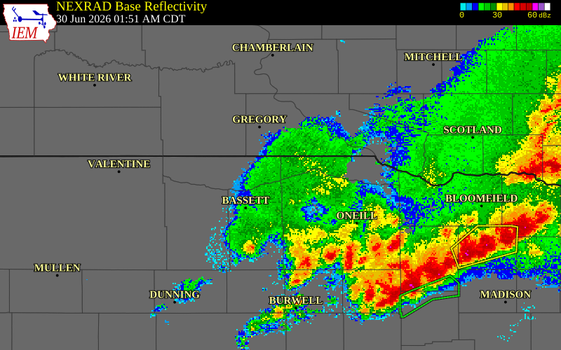 NEXRAD radar during the Tuesday, June 30, 2026 storm activity in Keya Paha County, Nebraska