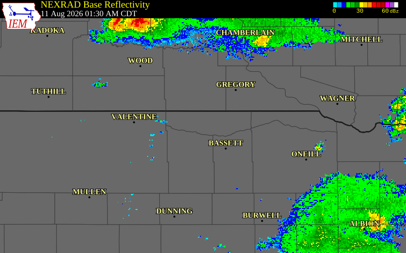 NEXRAD radar during the Tuesday, August 11, 2026 storm activity in Keya Paha County, Nebraska