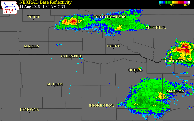 Radar snapshot during the Aug 11, 2026 wind event near 2 W Springview, Keya Paha County, Nebraska, with NWS warning polygons