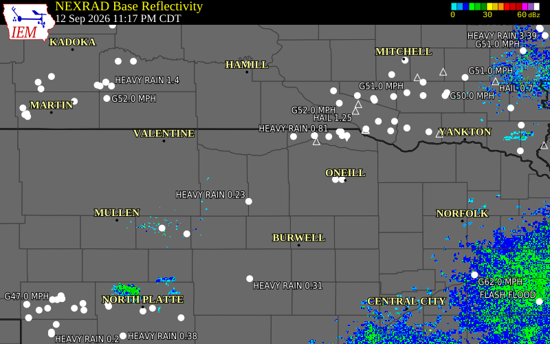 Current NEXRAD radar over Keya Paha County, Nebraska with recent storm report locations