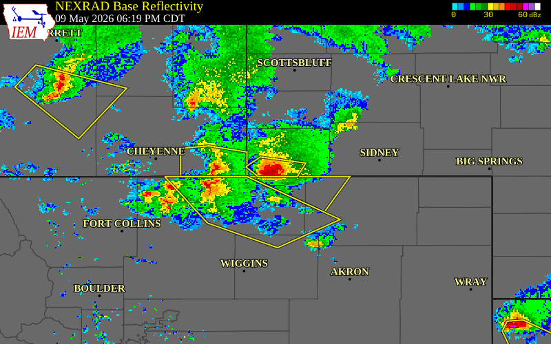 NEXRAD radar during the Saturday, May 9, 2026 storm activity in Kimball County, Nebraska