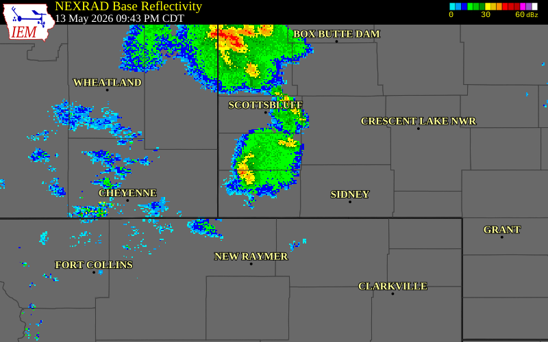 NEXRAD radar during the Wednesday, May 13, 2026 storm activity in Kimball County, Nebraska