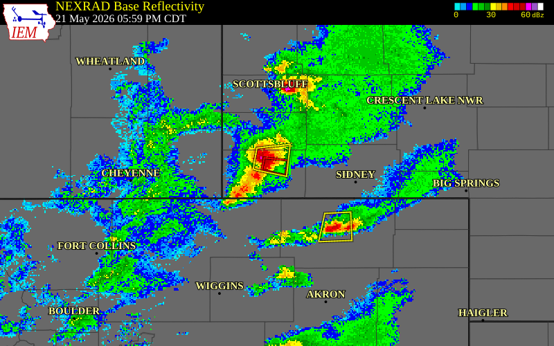 NEXRAD radar during the Thursday, May 21, 2026 storm activity in Kimball County, Nebraska