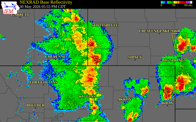 NEXRAD radar during the Saturday, May 30, 2026 storm activity in Kimball County, Nebraska