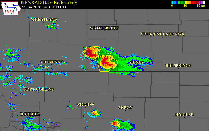 NEXRAD radar during the Monday, June 22, 2026 storm activity in Kimball County, Nebraska