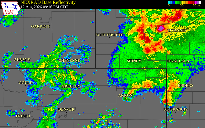 Radar snapshot during the May 30, 2026 tornado event near 9 SSE Bushnell, Kimball County, Nebraska, with NWS warning polygons
