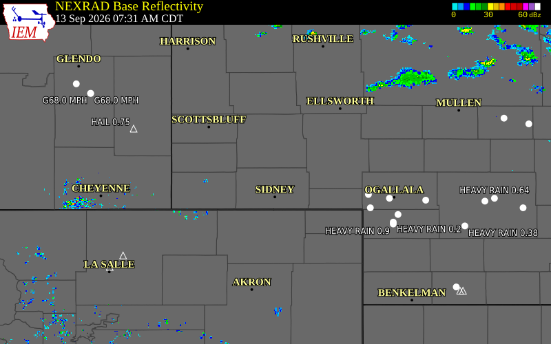 Current NEXRAD radar over Kimball County, Nebraska with recent storm report locations