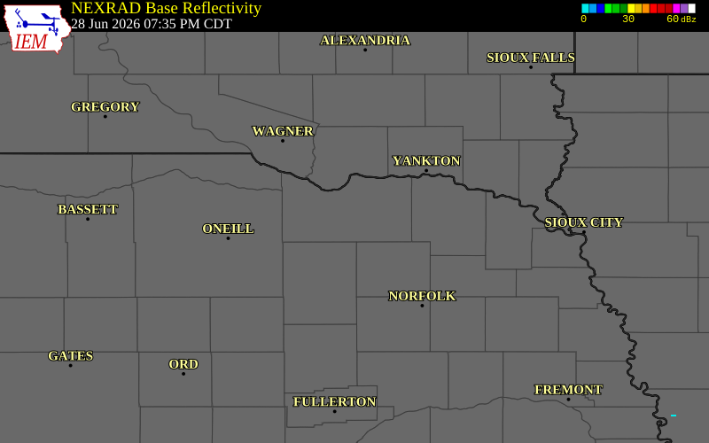 NEXRAD radar during the Sunday, June 28, 2026 storm activity in Knox County, Nebraska