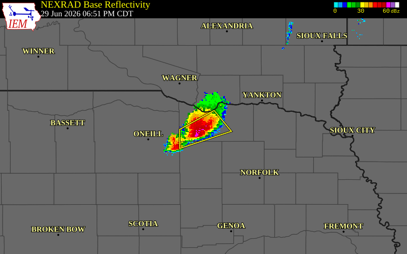 NEXRAD radar during the Monday, June 29, 2026 storm activity in Knox County, Nebraska