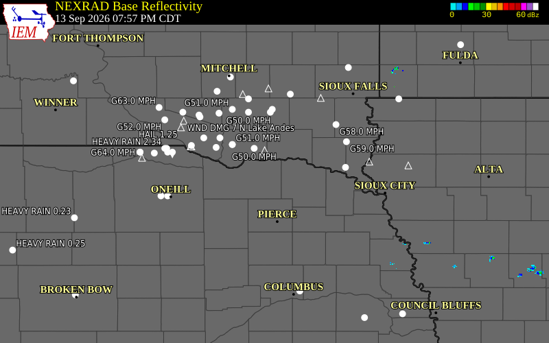 Current NEXRAD radar over Knox County, Nebraska with recent storm report locations