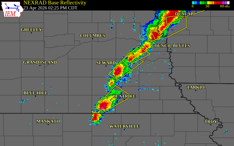 NEXRAD radar during the Thursday, April 23, 2026 storm activity in Lancaster County, Nebraska