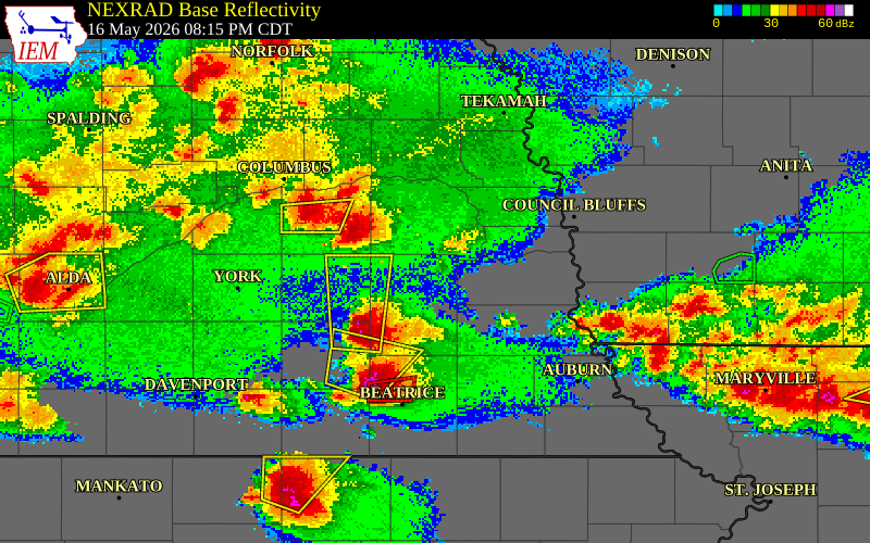 NEXRAD radar during the Saturday, May 16, 2026 storm activity in Lancaster County, Nebraska
