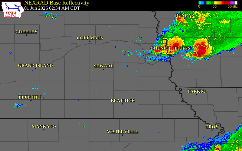 NEXRAD radar during the Monday, June 1, 2026 storm activity in Lancaster County, Nebraska