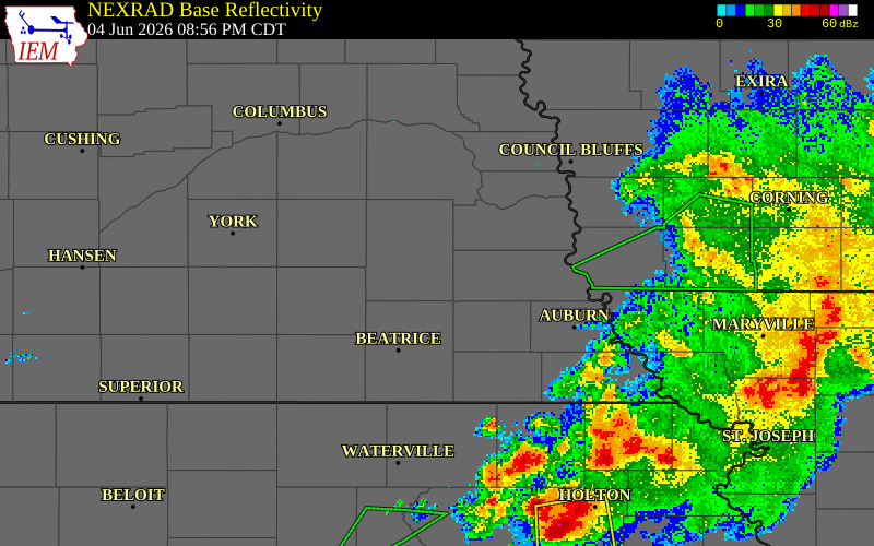 NEXRAD radar during the Thursday, June 4, 2026 storm activity in Lancaster County, Nebraska