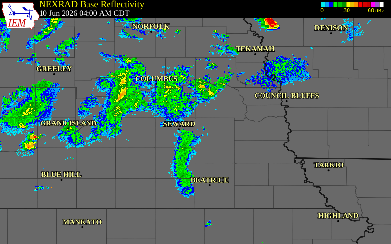 NEXRAD radar during the Wednesday, June 10, 2026 storm activity in Lancaster County, Nebraska