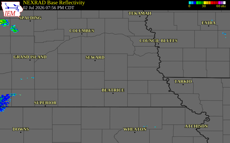 NEXRAD radar during the Thursday, July 2, 2026 storm activity in Lancaster County, Nebraska