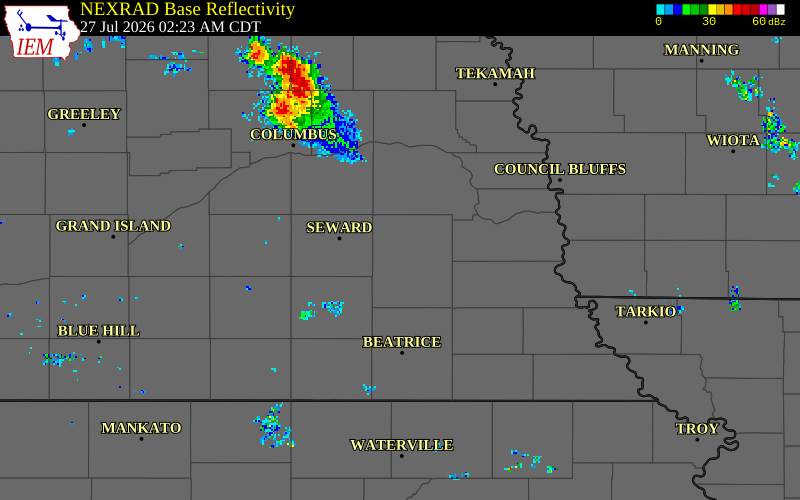 NEXRAD radar during the Monday, July 27, 2026 storm activity in Lancaster County, Nebraska
