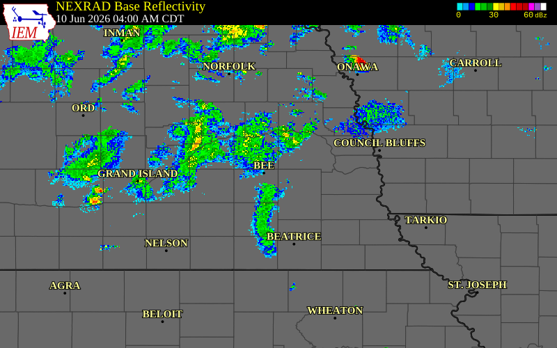 Radar snapshot during the Jun 10, 2026 hail event near 7 WNW Raymond, Lancaster County, Nebraska, with NWS warning polygons