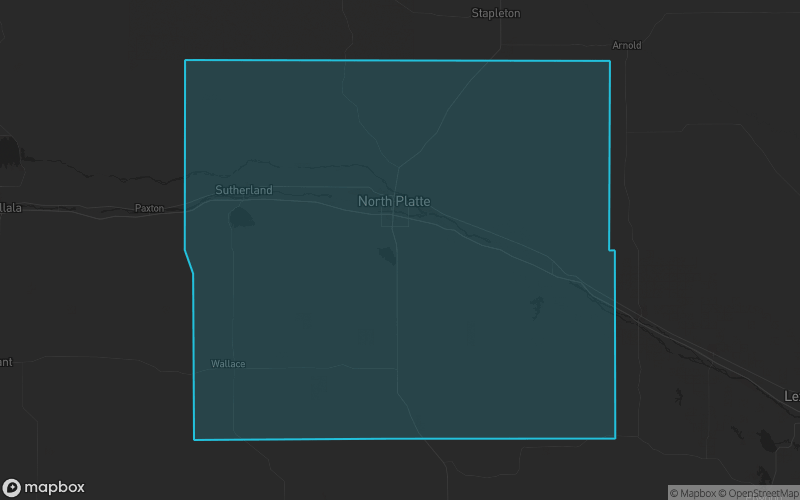 Map of Lincoln County, Nebraska showing the county boundary and surrounding cities