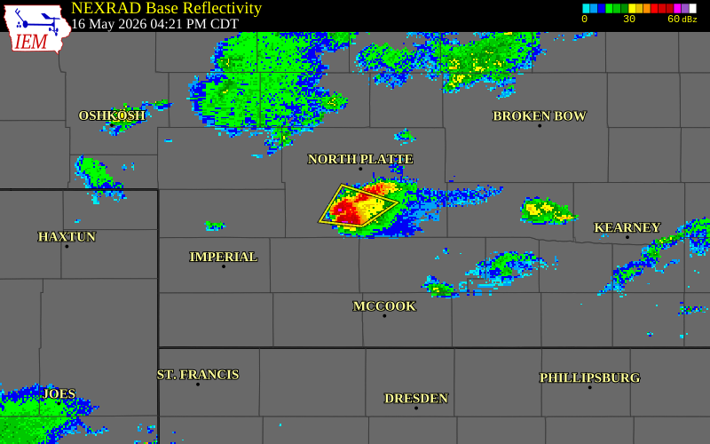 NEXRAD radar during the Saturday, May 16, 2026 storm activity in Lincoln County, Nebraska