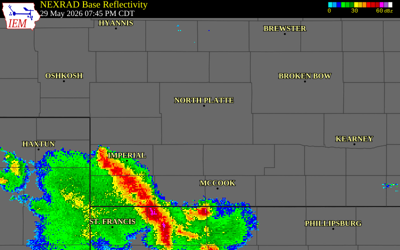NEXRAD radar during the Friday, May 29, 2026 storm activity in Lincoln County, Nebraska