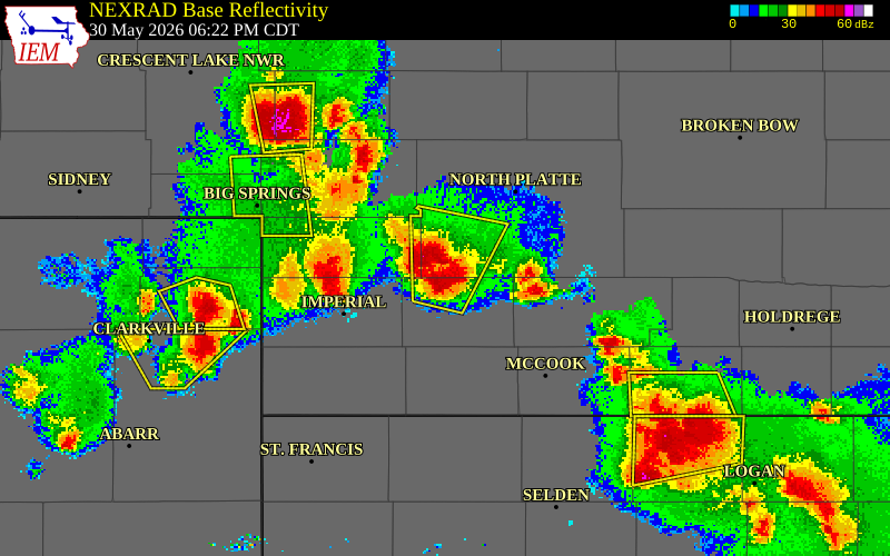 NEXRAD radar during the Saturday, May 30, 2026 storm activity in Lincoln County, Nebraska