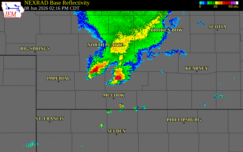 NEXRAD radar during the Monday, June 8, 2026 storm activity in Lincoln County, Nebraska