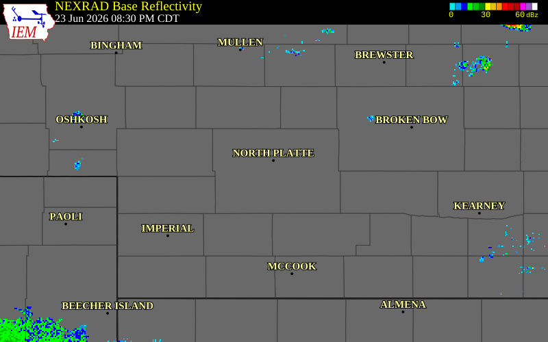 NEXRAD radar during the Tuesday, June 23, 2026 storm activity in Lincoln County, Nebraska