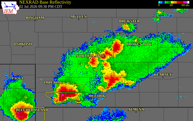 NEXRAD radar during the Thursday, July 2, 2026 storm activity in Lincoln County, Nebraska