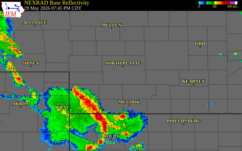 Radar snapshot during the May 29, 2026 tornado event near 11 NE Dickens, Lincoln County, Nebraska, with NWS warning polygons
