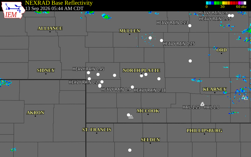 Current NEXRAD radar over Lincoln County, Nebraska with recent storm report locations