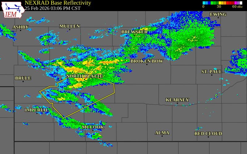 NEXRAD radar during the Wednesday, February 25, 2026 storm activity in Logan County, Nebraska