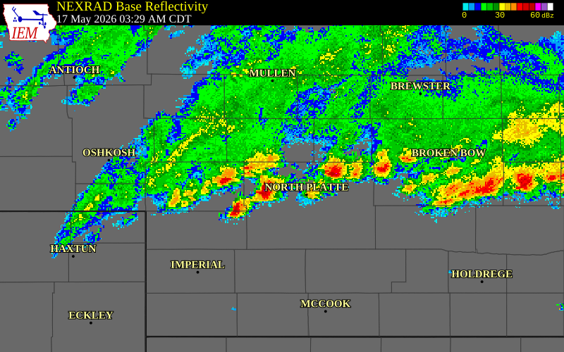 NEXRAD radar during the Sunday, May 17, 2026 storm activity in Logan County, Nebraska