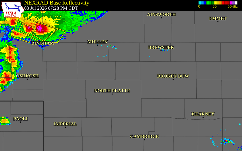 NEXRAD radar during the Friday, July 3, 2026 storm activity in Logan County, Nebraska