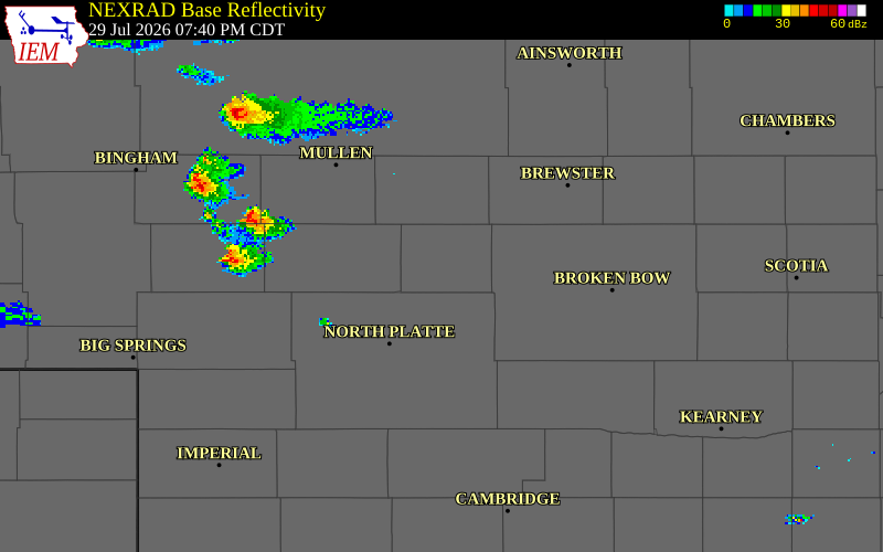 NEXRAD radar during the Wednesday, July 29, 2026 storm activity in Logan County, Nebraska