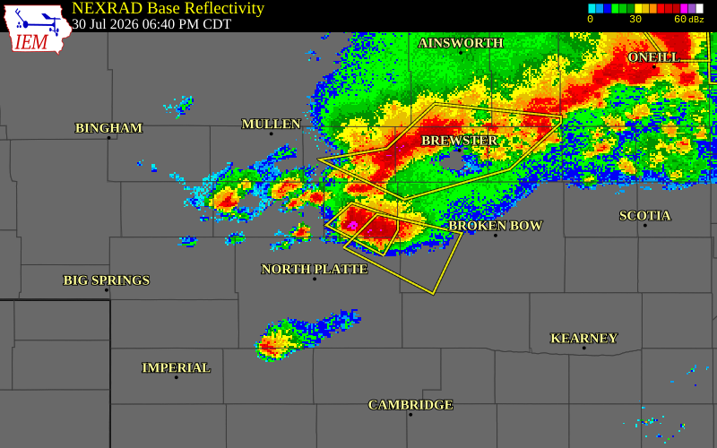 NEXRAD radar during the Thursday, July 30, 2026 storm activity in Logan County, Nebraska