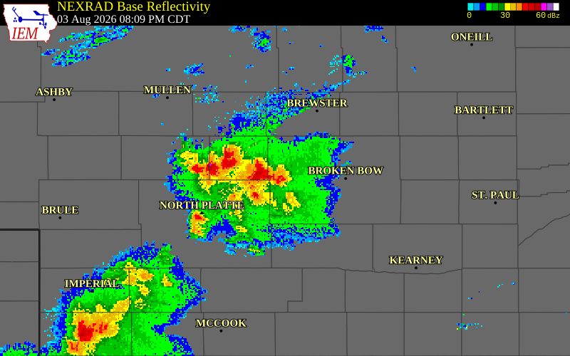 NEXRAD radar during the Monday, August 3, 2026 storm activity in Logan County, Nebraska