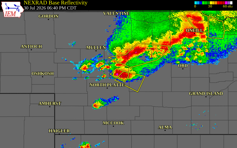 Radar snapshot during the Jul 30, 2026 hail event near Stapleton, Logan County, Nebraska, with NWS warning polygons