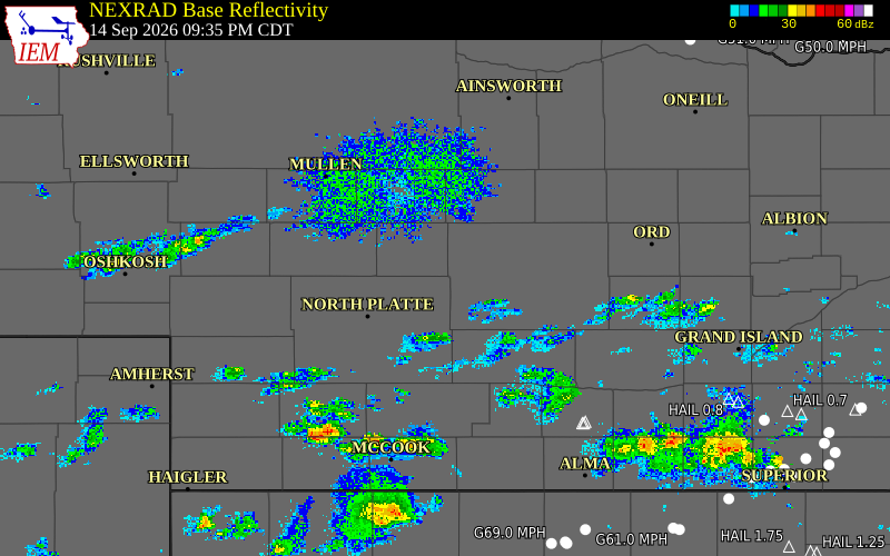 Current NEXRAD radar over Logan County, Nebraska with recent storm report locations