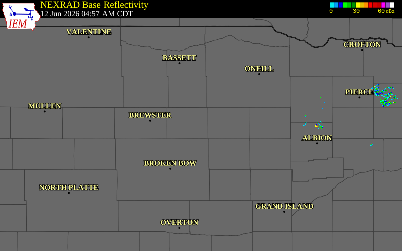 NEXRAD radar during the Friday, June 12, 2026 storm activity in Loup County, Nebraska