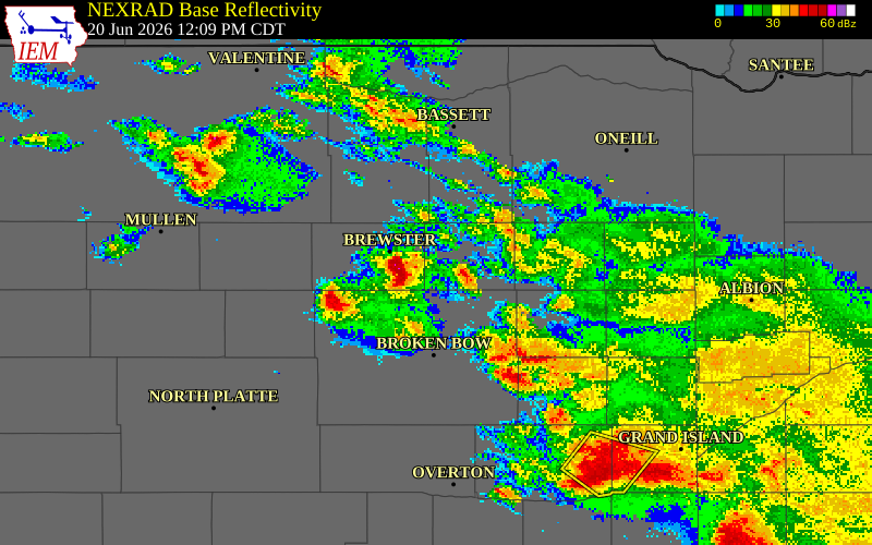 NEXRAD radar during the Saturday, June 20, 2026 storm activity in Loup County, Nebraska