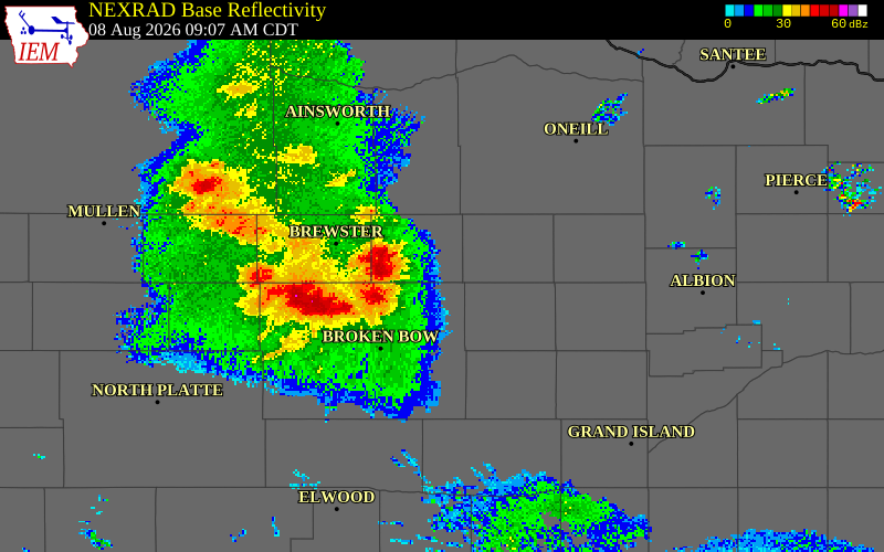 NEXRAD radar during the Saturday, August 8, 2026 storm activity in Loup County, Nebraska
