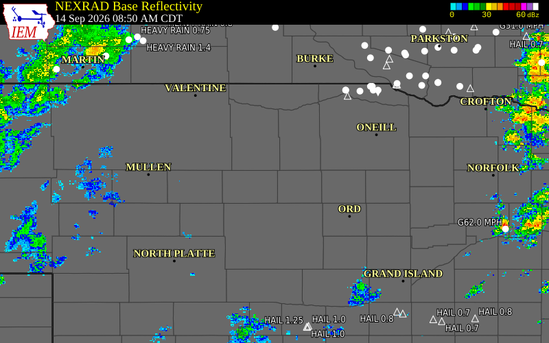 Current NEXRAD radar over Loup County, Nebraska with recent storm report locations
