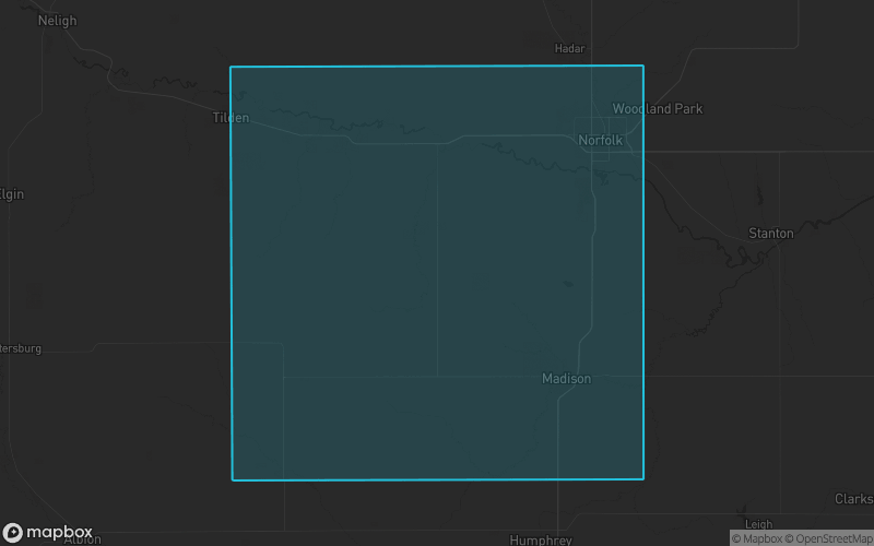 Map of Madison County, Nebraska showing the county boundary and surrounding cities